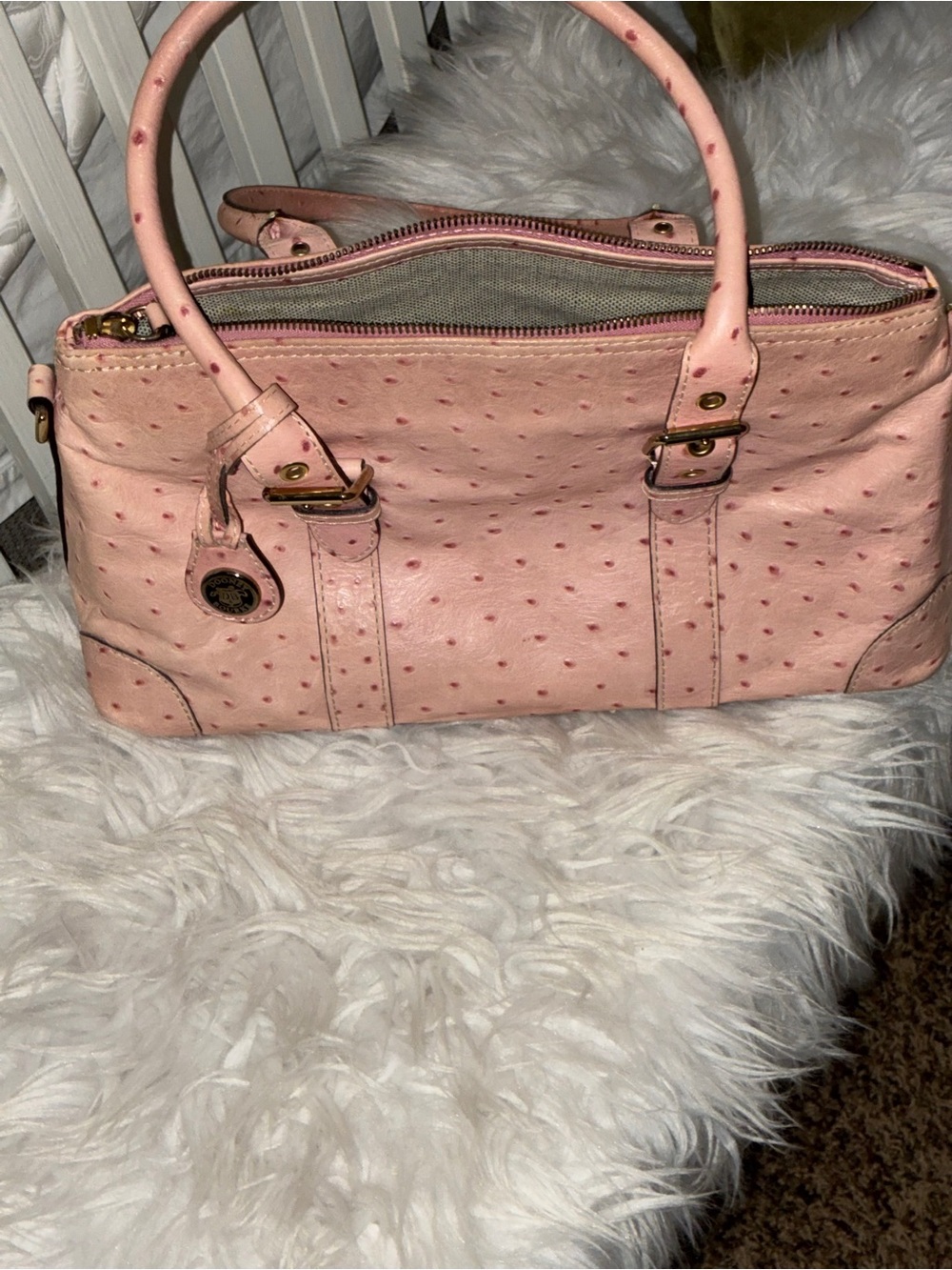 Dooney & Bourke Pink ostrich leather domed satchel purse - Picture 2 of 16